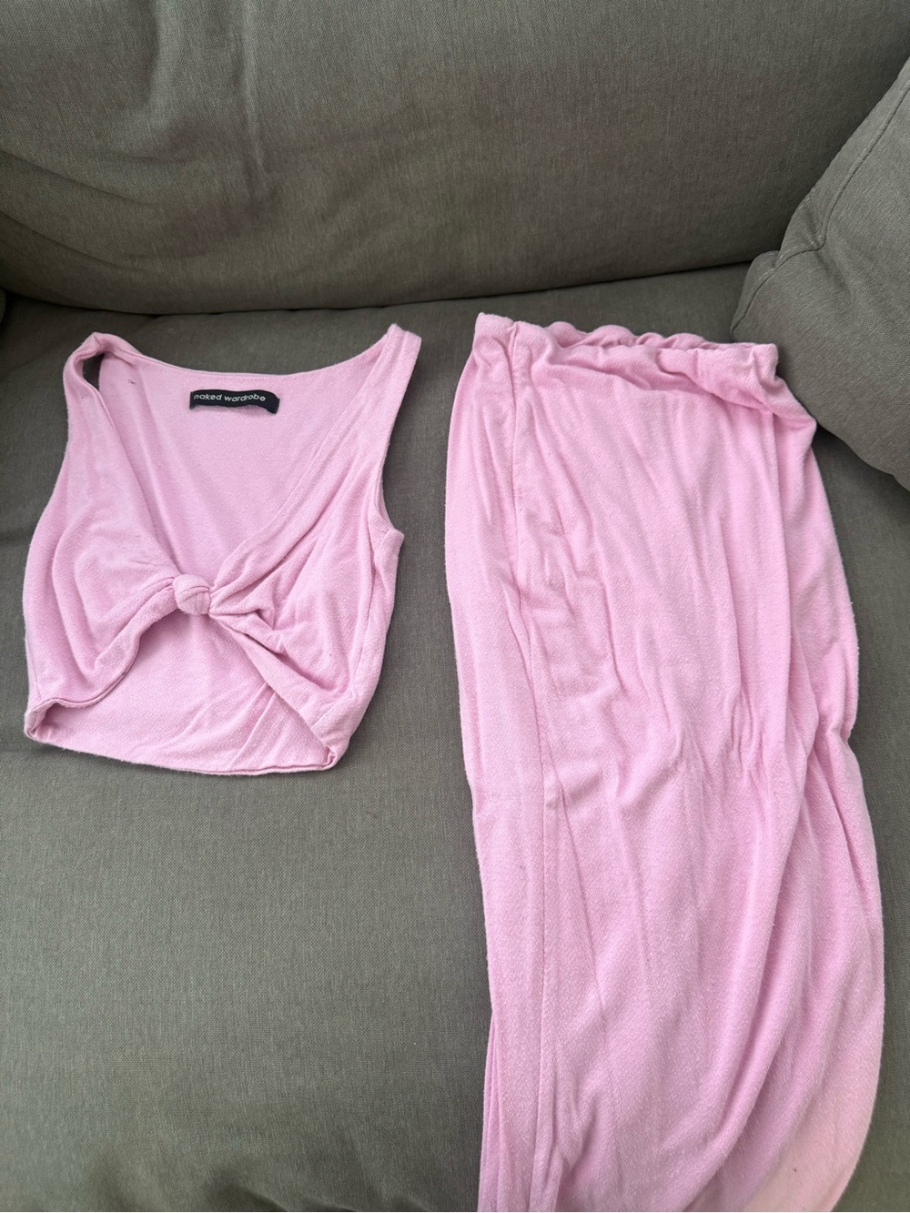 naked wardrobe Light Pink Knit Wide Leg Pants & Twist Crop Top Set